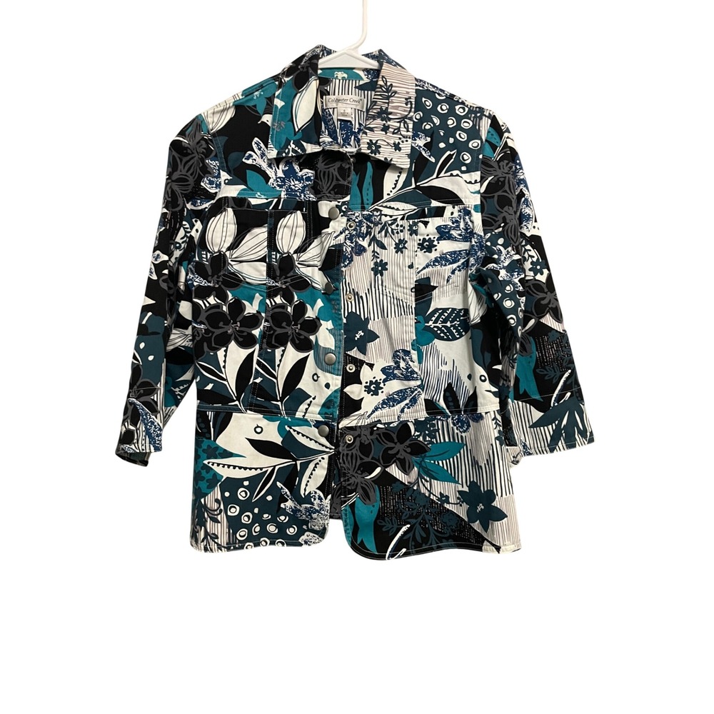 LN Coldwater Creek Patchwork Floral Jacket Womens Size S Teal Blue White‎ Black
